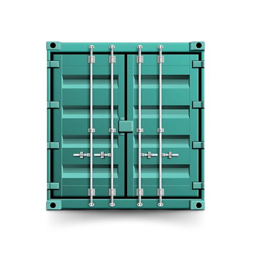 Ilustração de um contentor marítimo verde, vista lateral mostrando as ripas verticais.