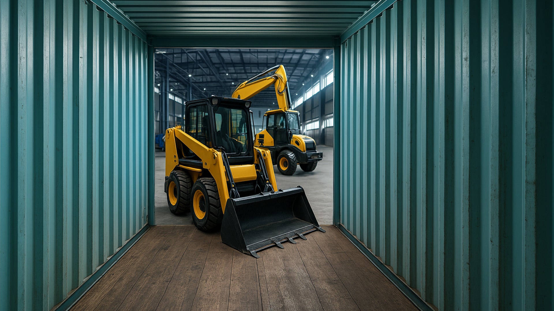 Contentor maritimo na cor verde água destinado para garagem de máquinas.