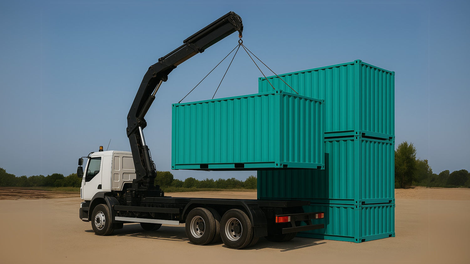 Transporte por camião com grua para movimentação de contentor com grua ou empilhamento de contentores.